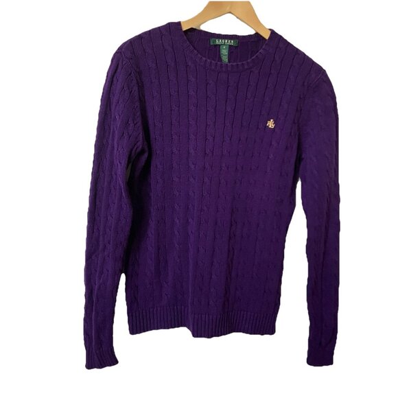 Lauren Ralph Lauren Cable Knit Sweater Womens M Purple Cotton Pullover Preppy - Picture 1 of 8